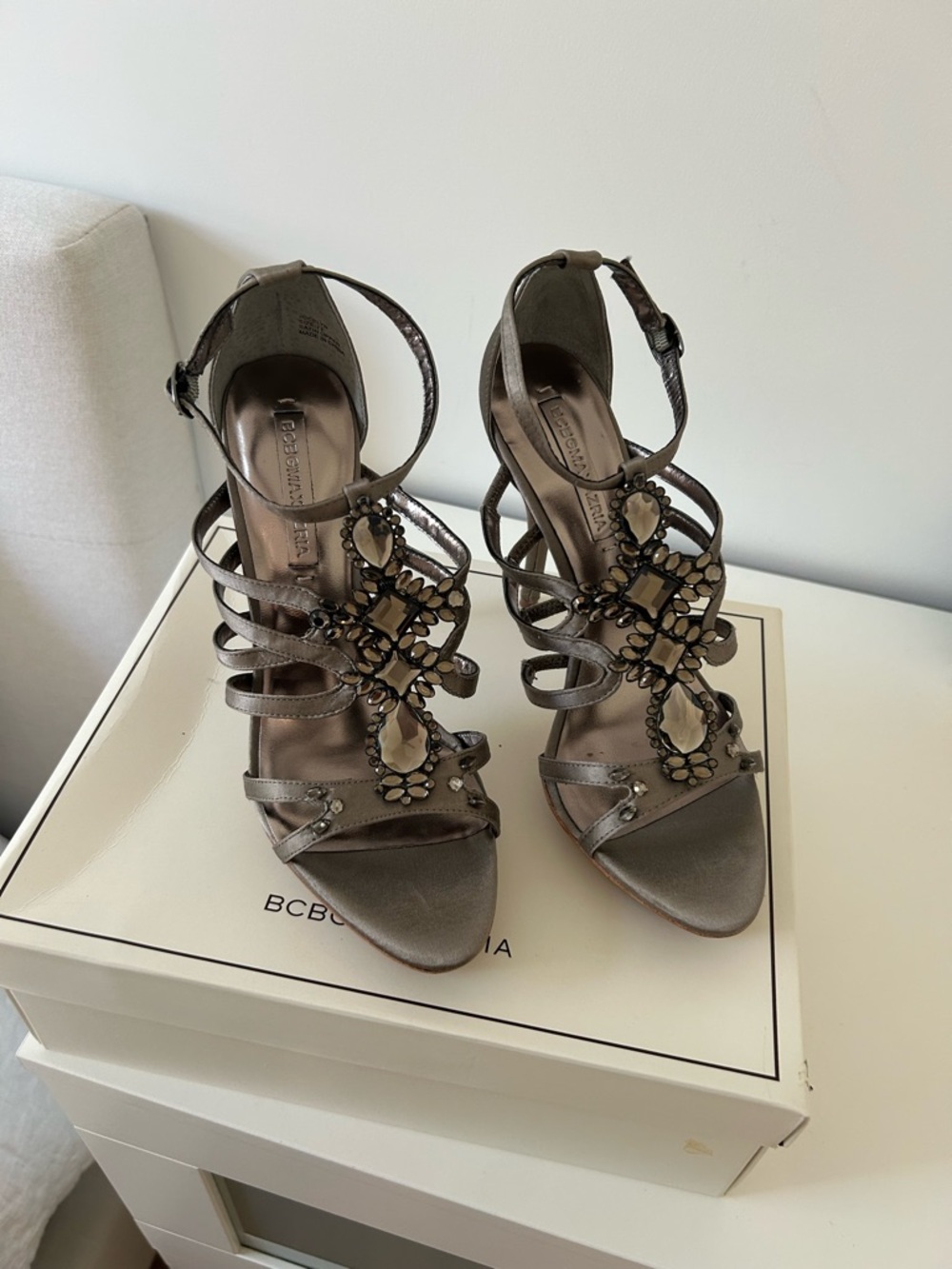 BCBGMaxAzria Gunmetal Jeweled Strappy Ankle-Heels